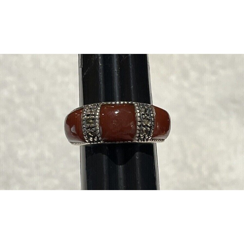 Designer Womens Carnelian Marcasite Sterling Silver Art Deco Style Ring Sz 6.75